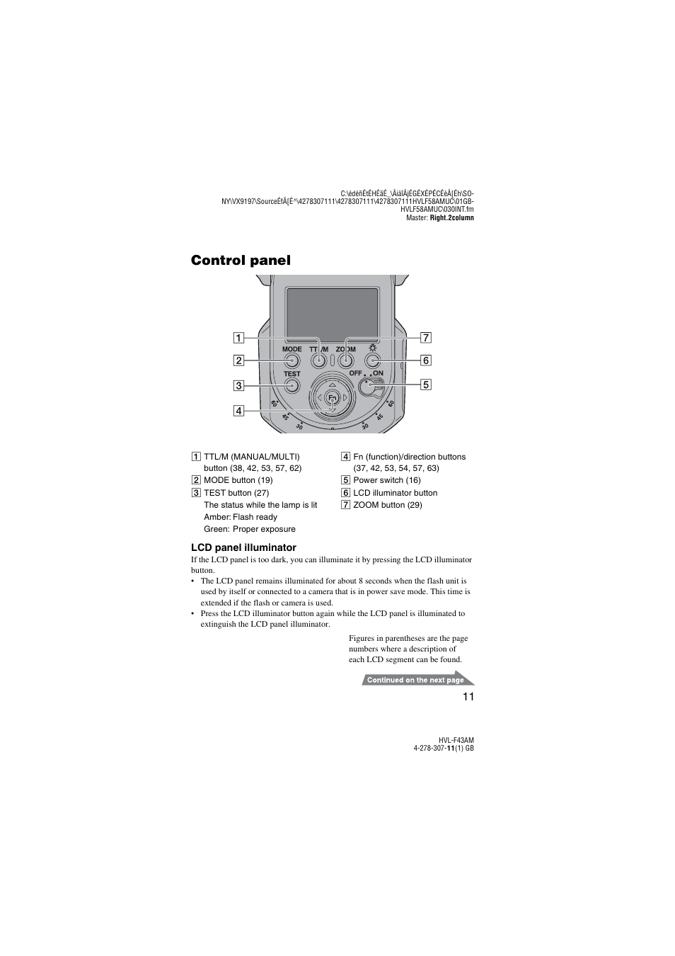 Nel (11, Control panel | Sony HVL-F43AM User Manual | Page 11 / 76
