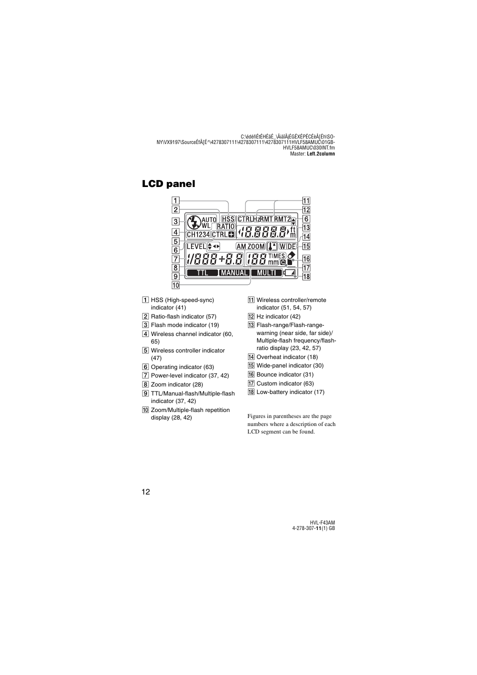Lcd panel | Sony HVL-F43AM User Manual | Page 12 / 76