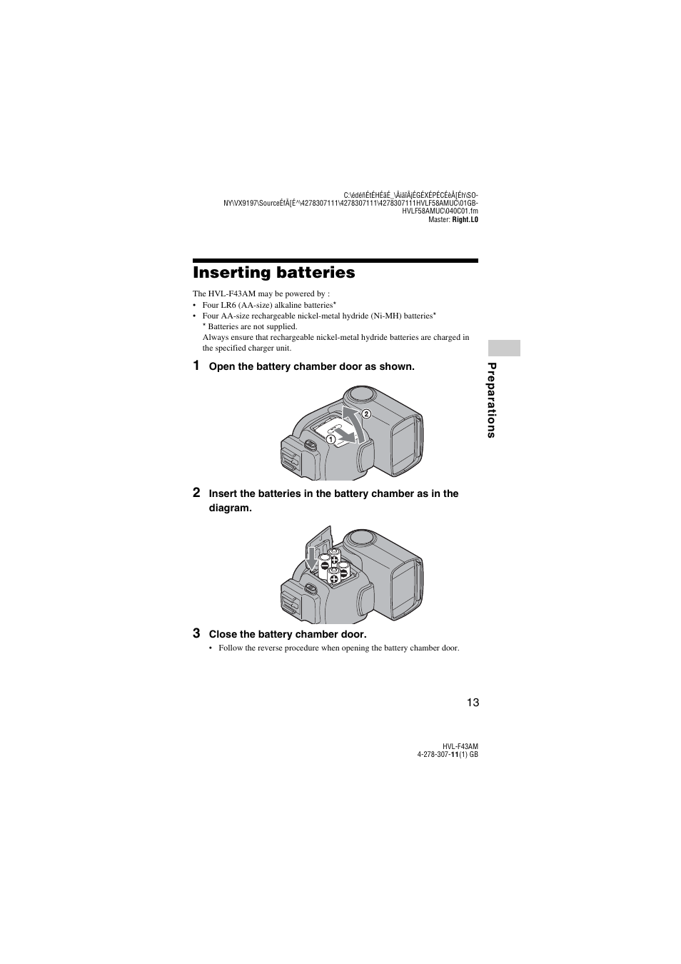 Preparations, Inserting batteries | Sony HVL-F43AM User Manual | Page 13 / 76