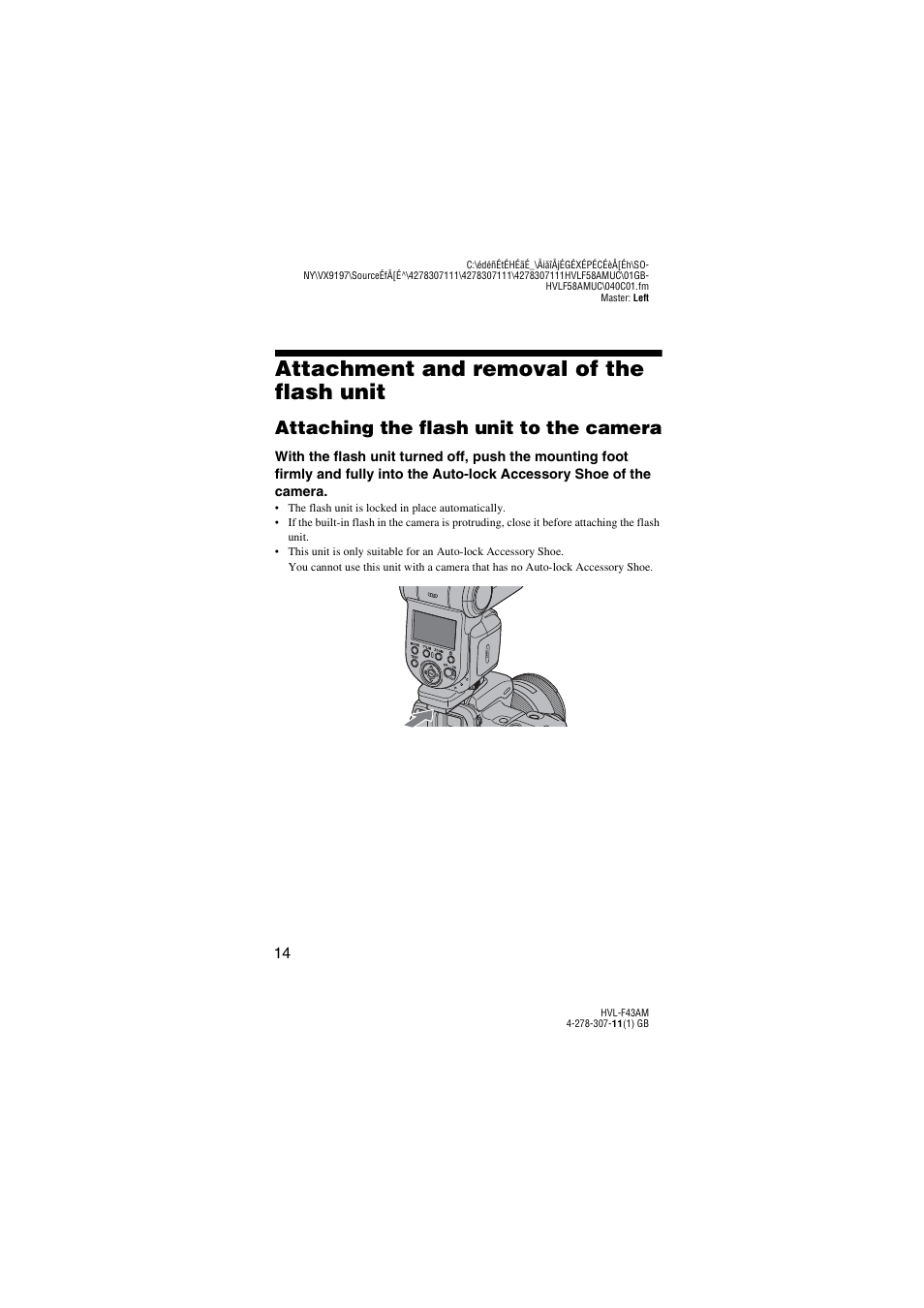 Attachment and removal of the flash unit, Attaching the flash unit to the camera | Sony HVL-F43AM User Manual | Page 14 / 76