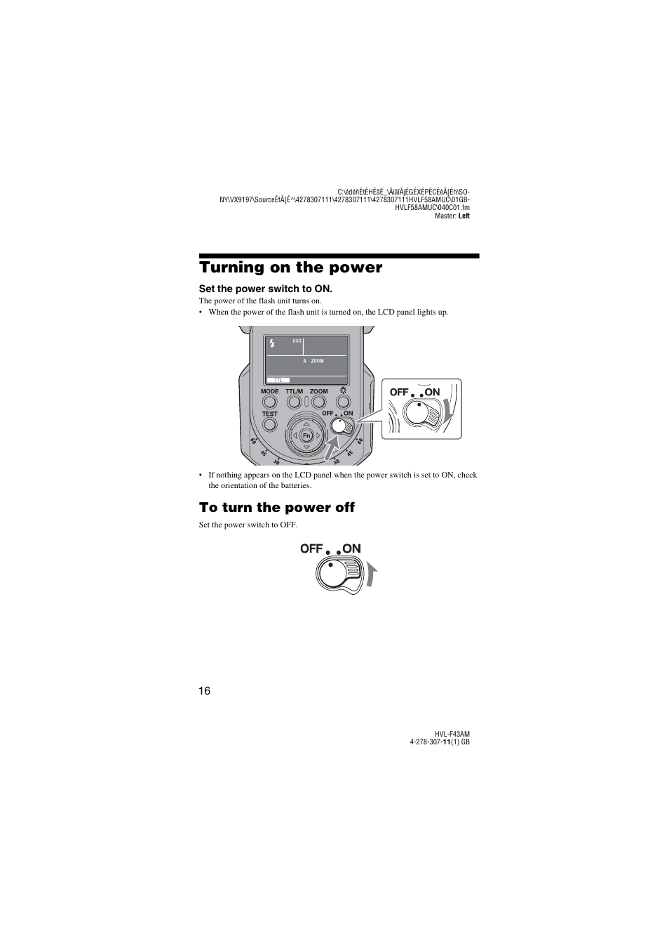 Turning on the power | Sony HVL-F43AM User Manual | Page 16 / 76