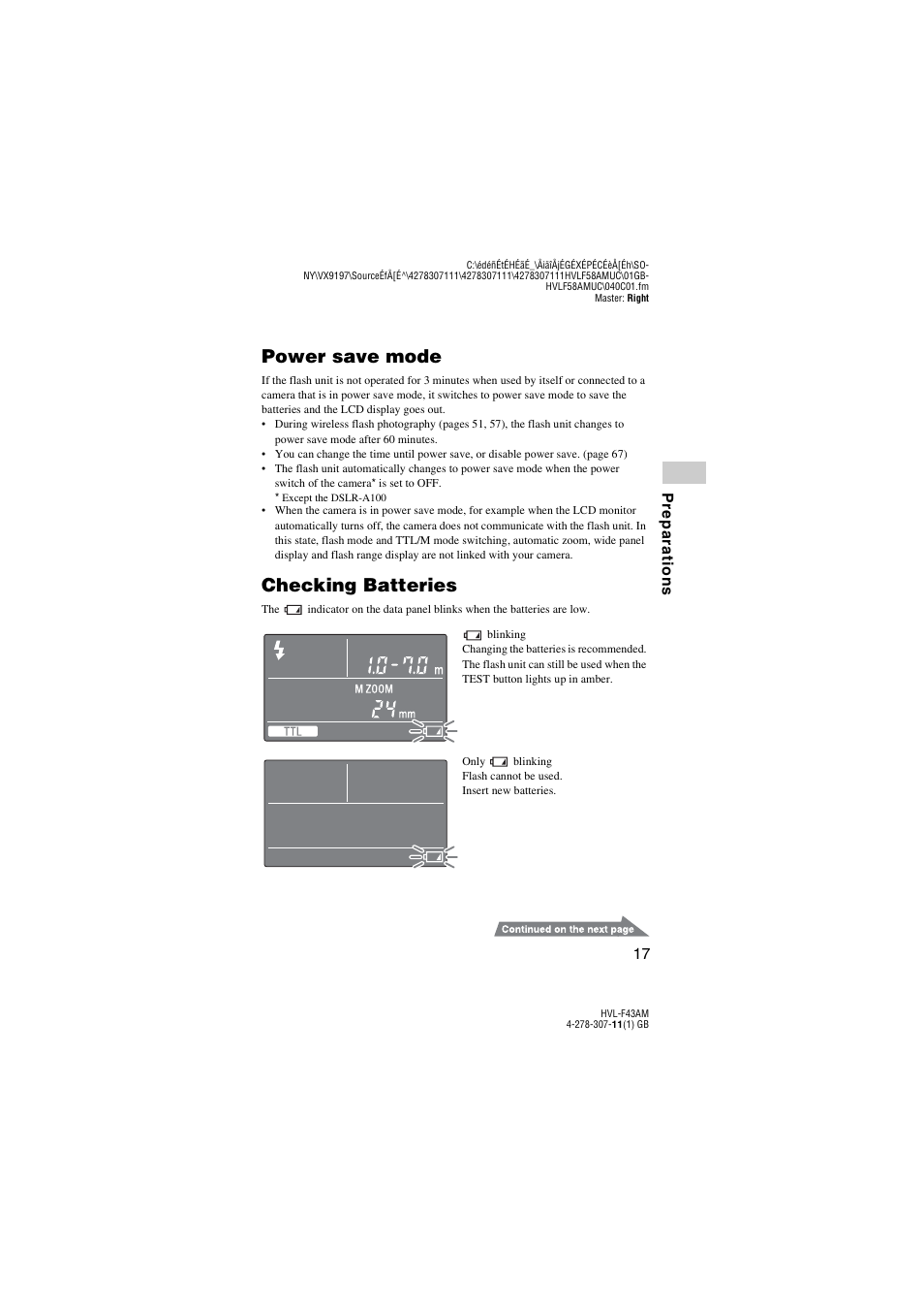 Power save mode, Checking batteries | Sony HVL-F43AM User Manual | Page 17 / 76