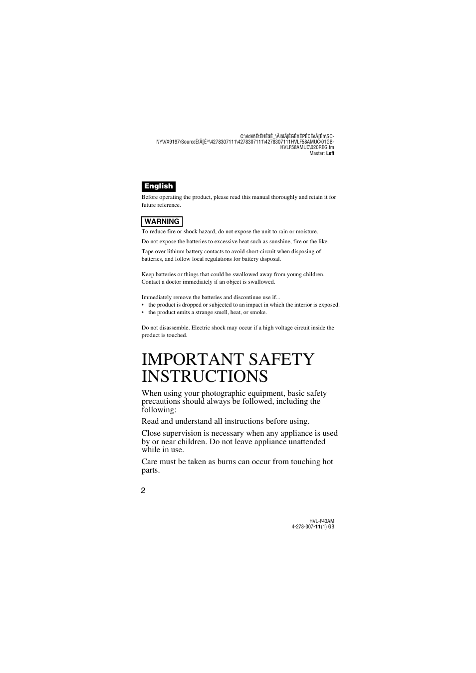 Important safety instructions | Sony HVL-F43AM User Manual | Page 2 / 76