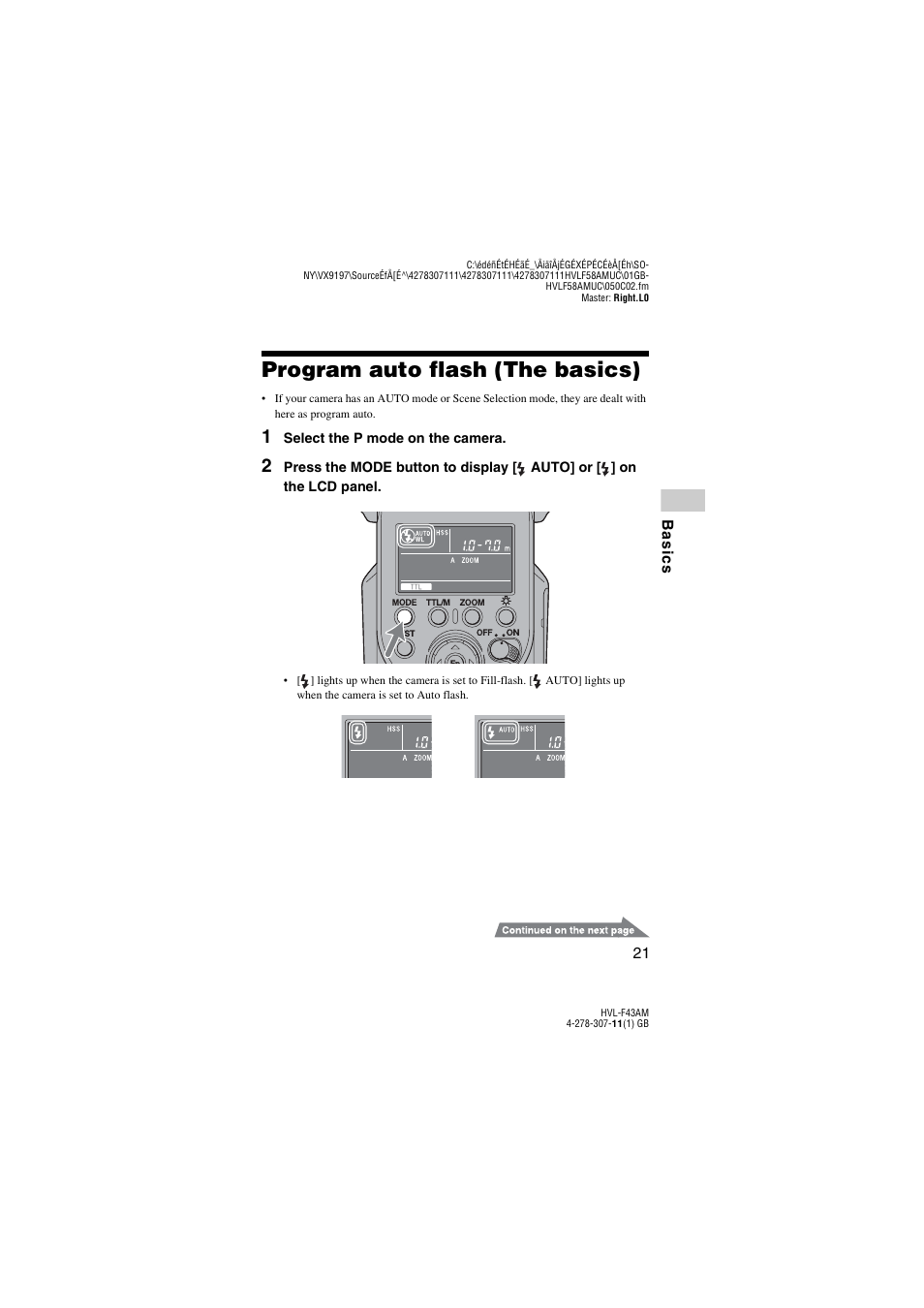 Basics, Program auto flash (the basics) | Sony HVL-F43AM User Manual | Page 21 / 76