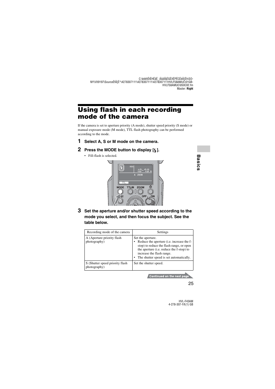 Using flash in each recording mode of the camera | Sony HVL-F43AM User Manual | Page 25 / 76