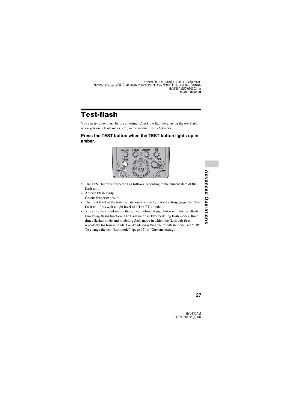 Advanced operations, Test-flash | Sony HVL-F43AM User Manual | Page 27 / 76