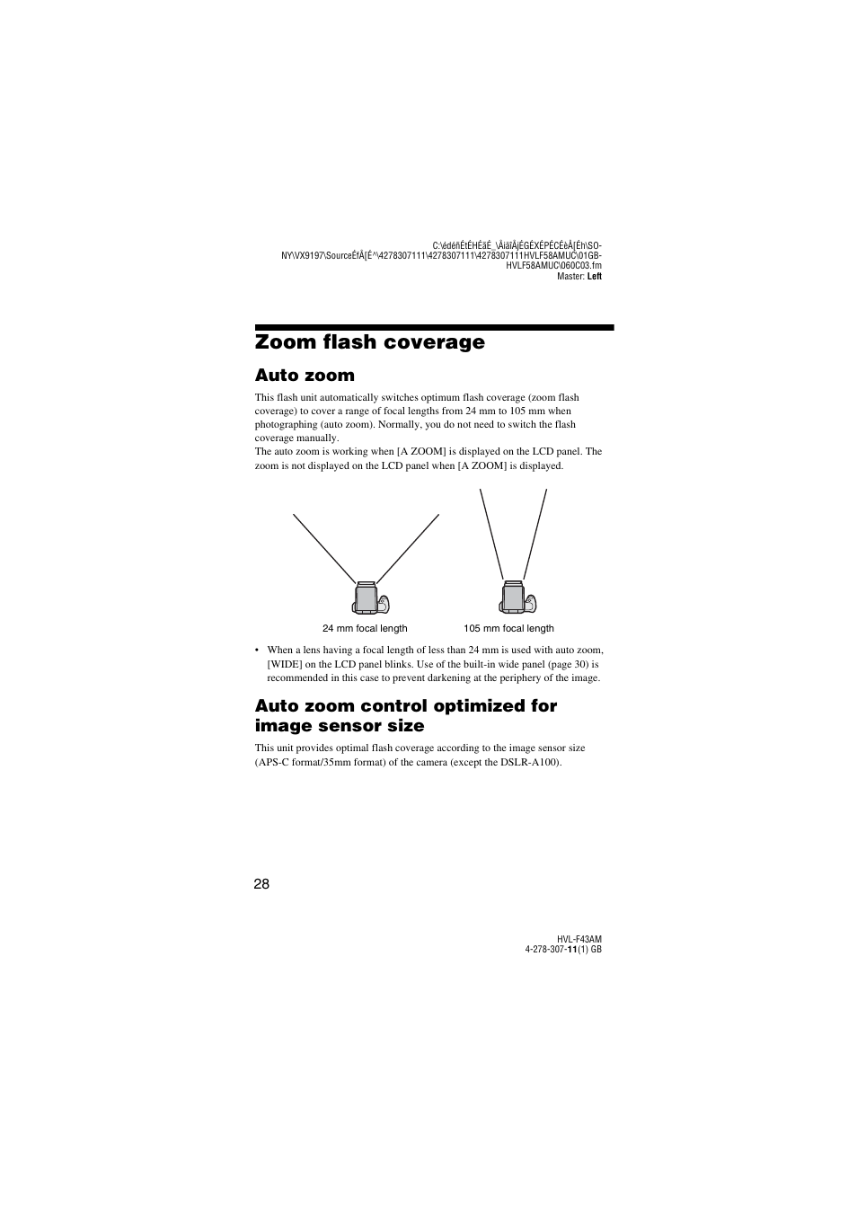 Zoom flash coverage, Y (28, Auto zoom | Auto zoom control optimized for image sensor size | Sony HVL-F43AM User Manual | Page 28 / 76