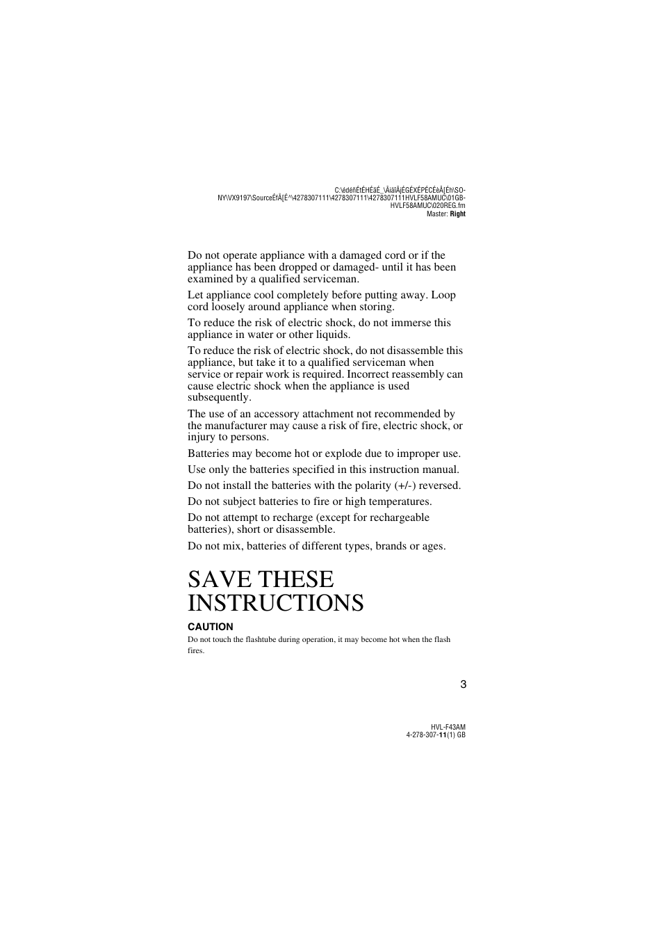Save these instructions | Sony HVL-F43AM User Manual | Page 3 / 76