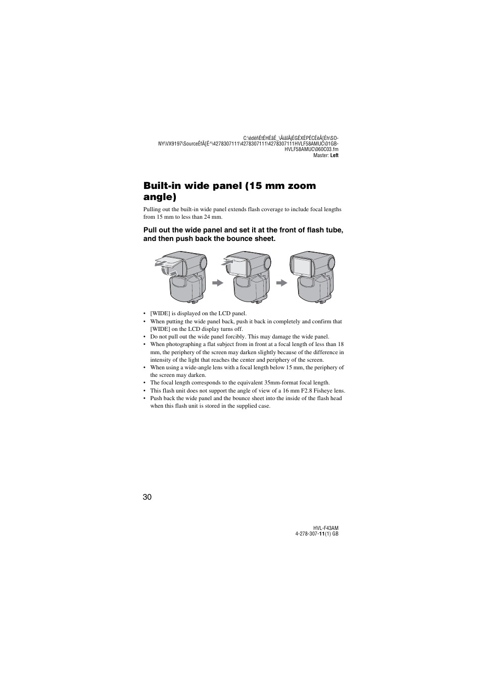L (30), R (30), Built-in wide panel (15 mm zoom angle) | Sony HVL-F43AM User Manual | Page 30 / 76
