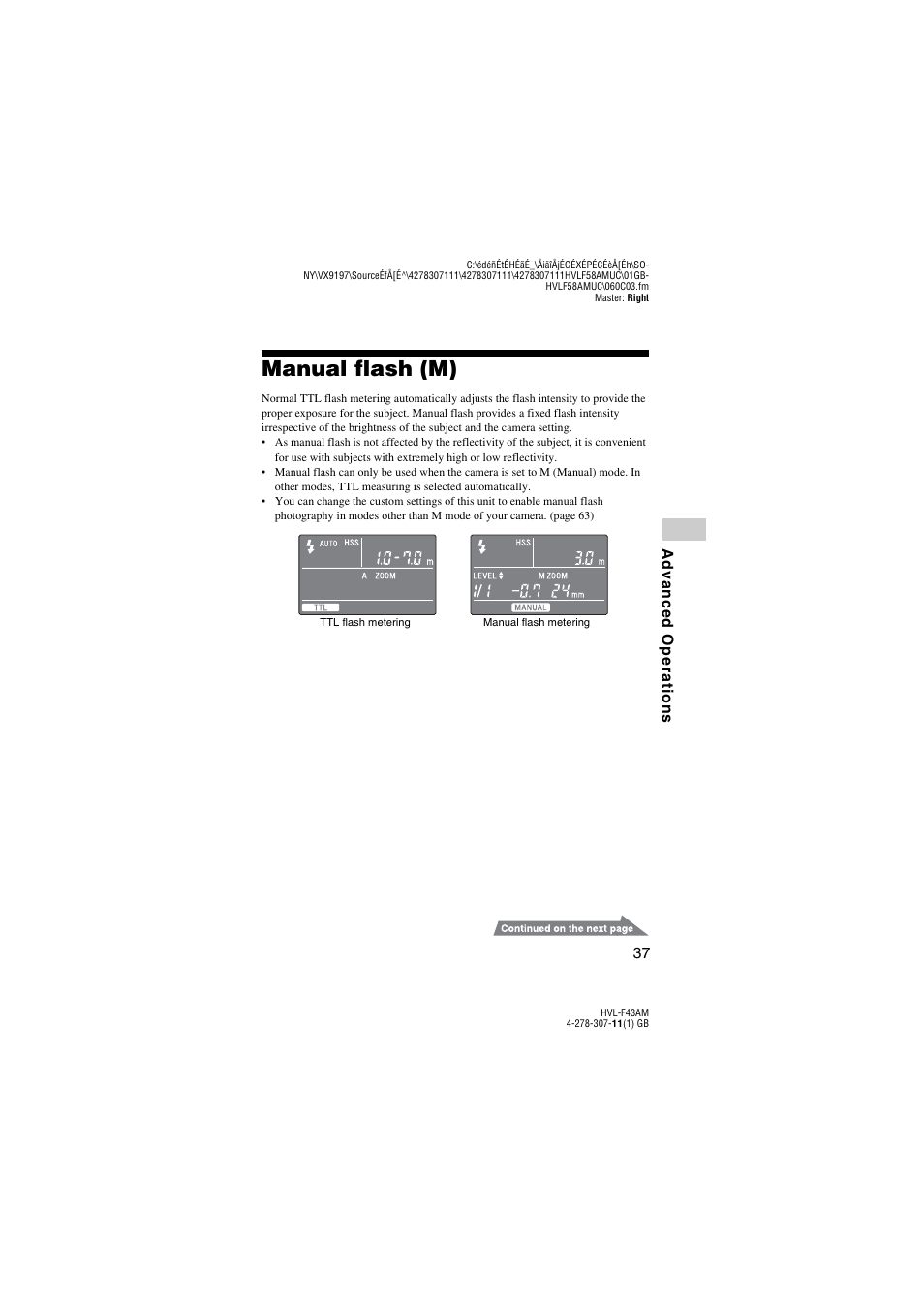 Manual flash (m), R (37 | Sony HVL-F43AM User Manual | Page 37 / 76