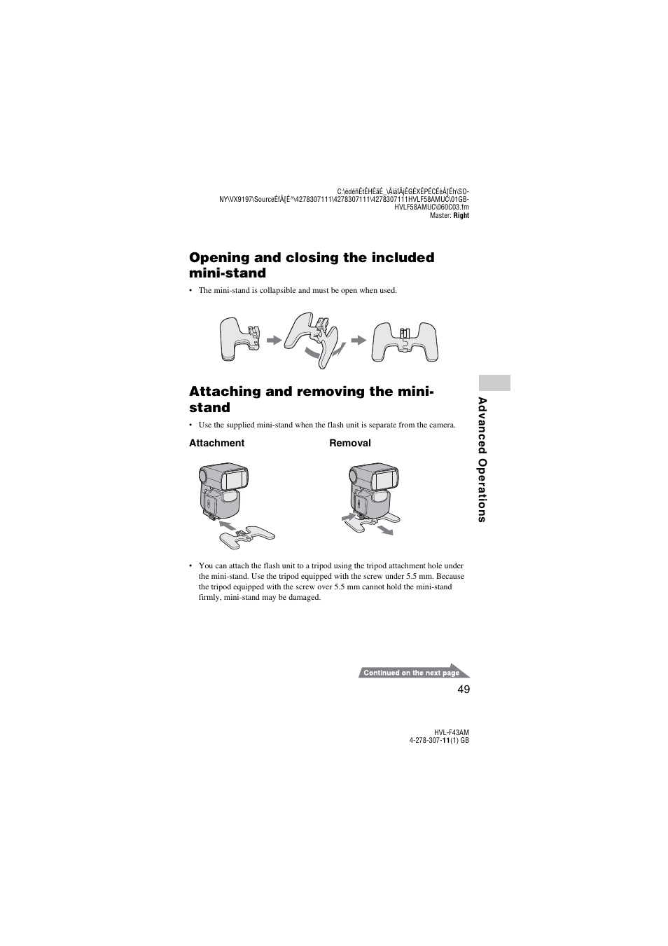 Nd (49), Opening and closing the included mini-stand, Attaching and removing the mini- stand | Sony HVL-F43AM User Manual | Page 49 / 76