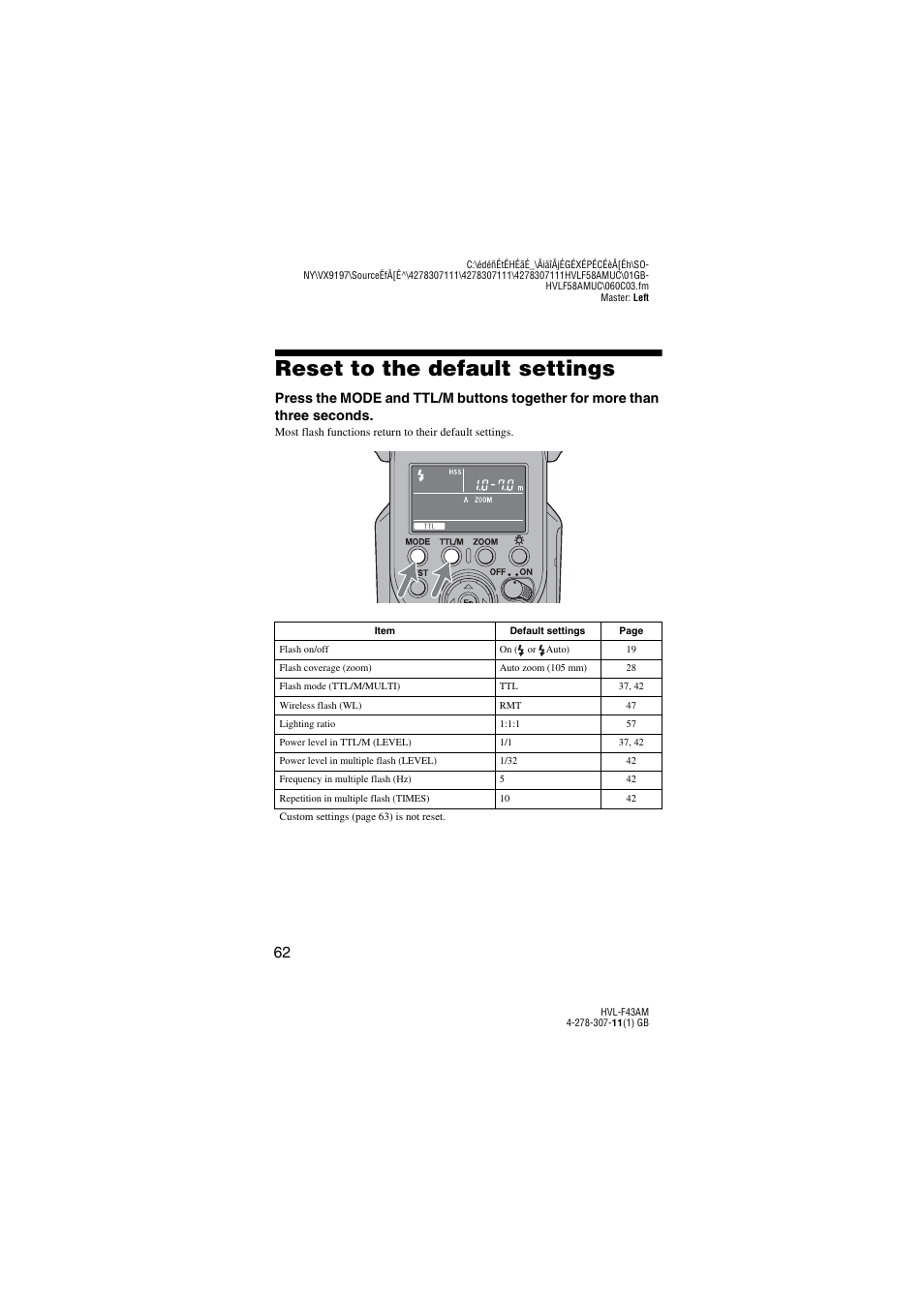 Reset to the default settings | Sony HVL-F43AM User Manual | Page 62 / 76