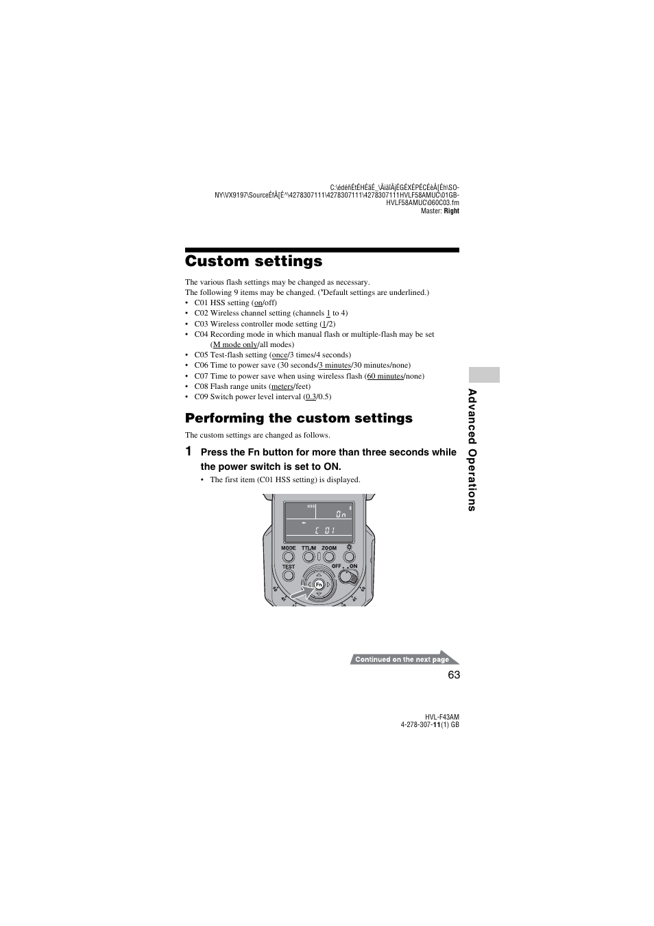 Custom settings, R (63), Performing the custom settings | Sony HVL-F43AM User Manual | Page 63 / 76