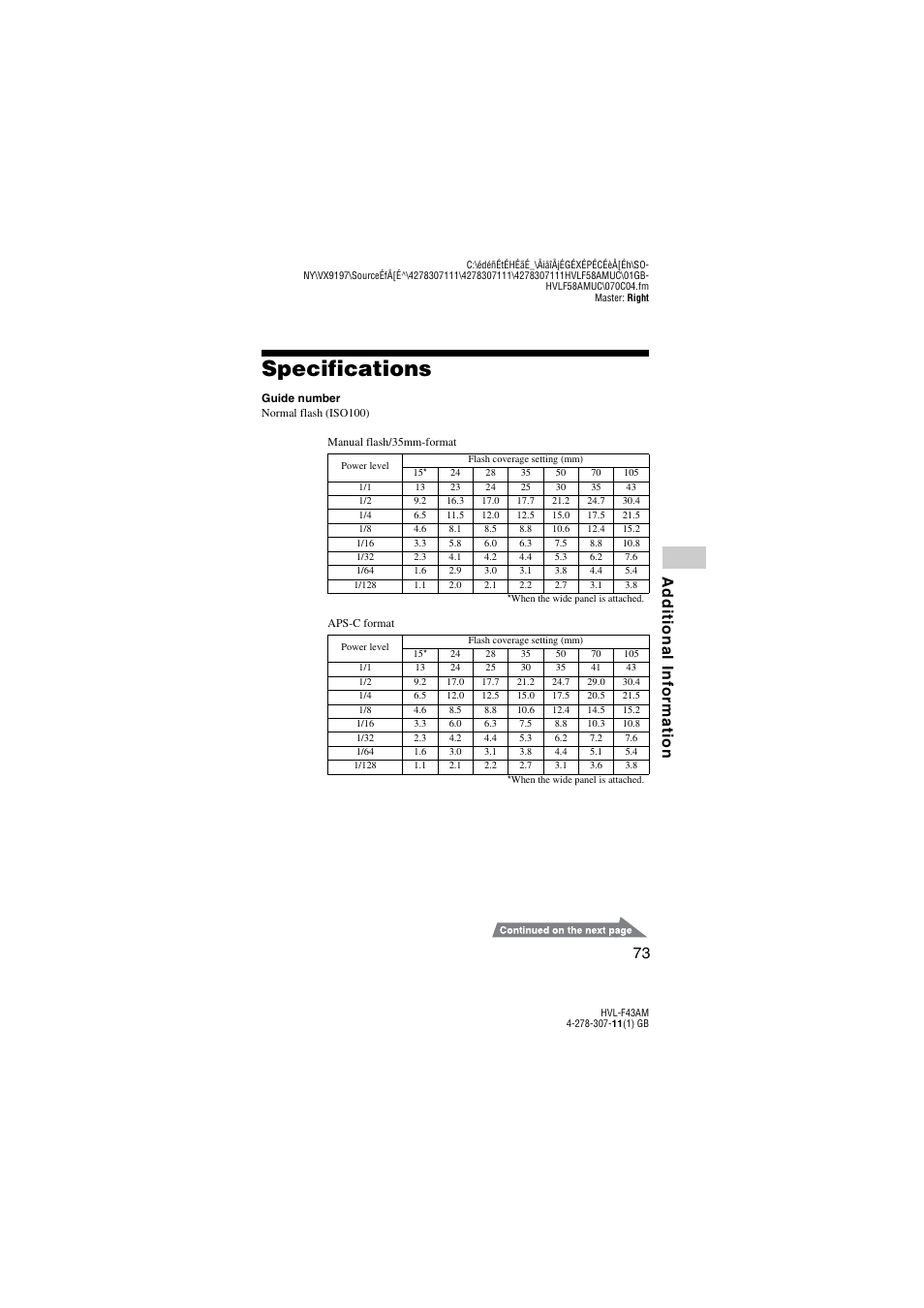 Specifications | Sony HVL-F43AM User Manual | Page 73 / 76