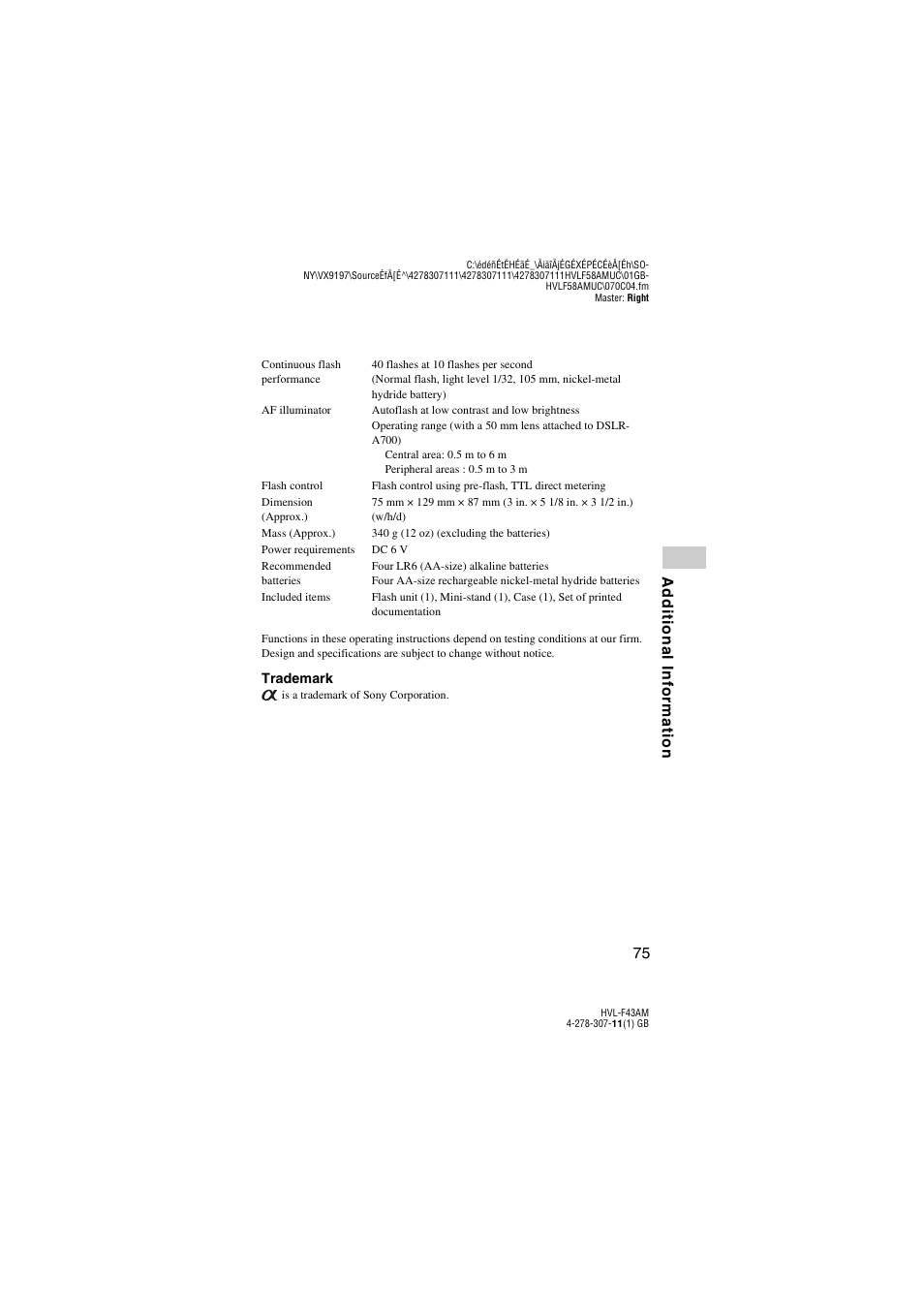 Sony HVL-F43AM User Manual | Page 75 / 76