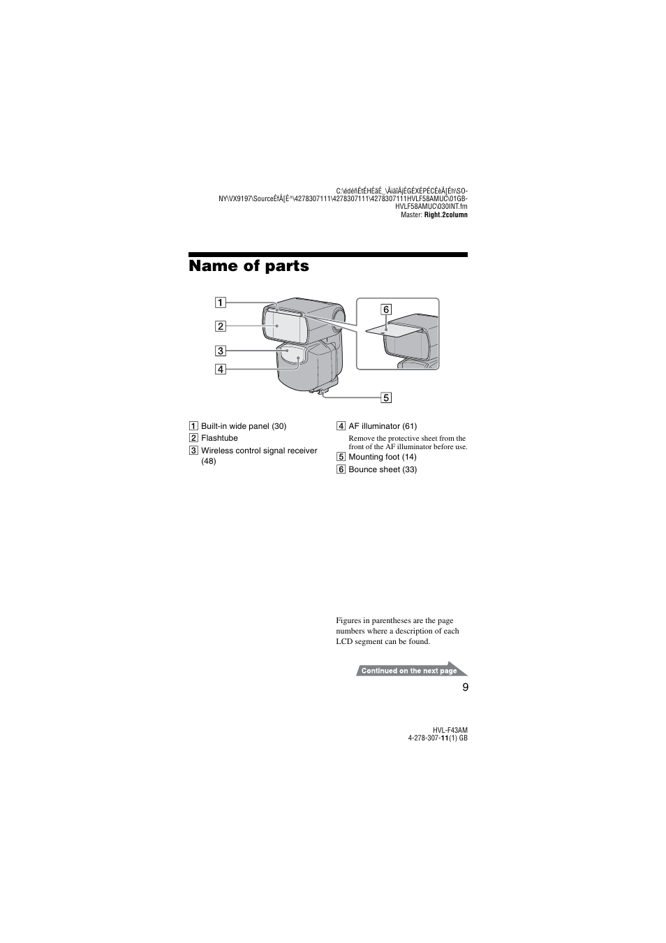 Name of parts | Sony HVL-F43AM User Manual | Page 9 / 76