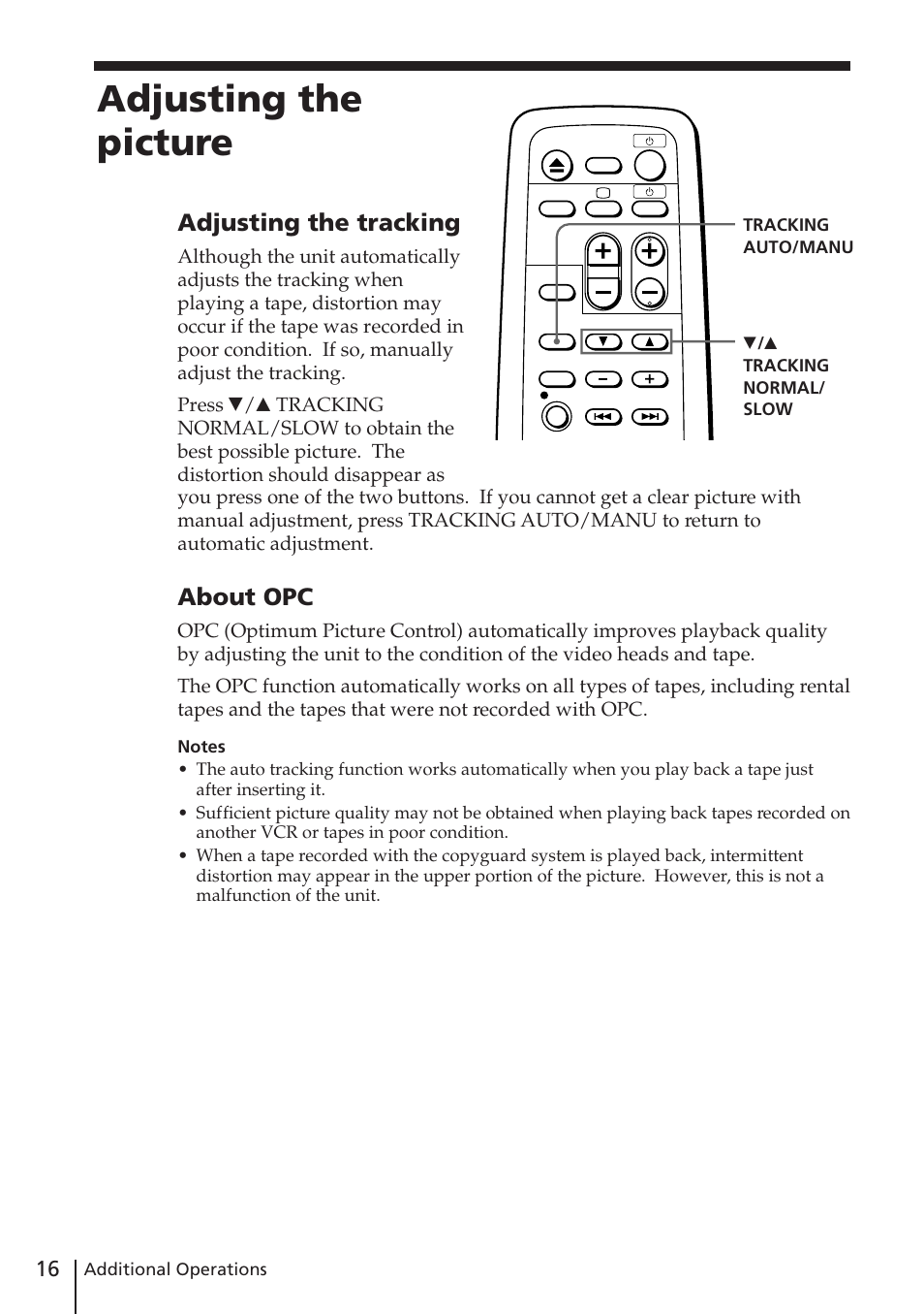 Adjusting the picture, Adjusting the tracking, About opc | Sony SLV-XF247PS User Manual | Page 16 / 28
