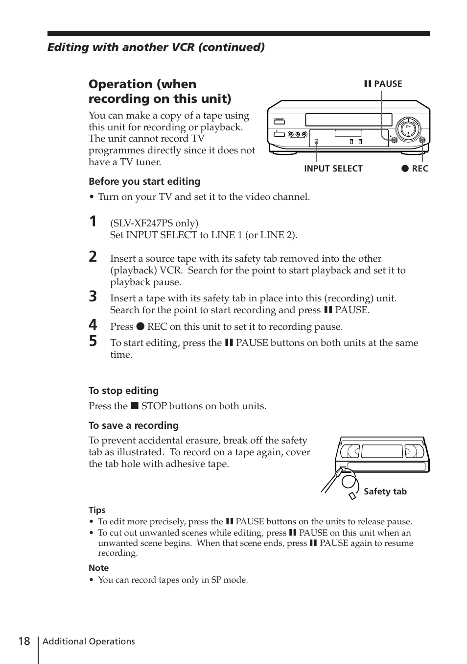 Operation (when recording on this unit) | Sony SLV-XF247PS User Manual | Page 18 / 28