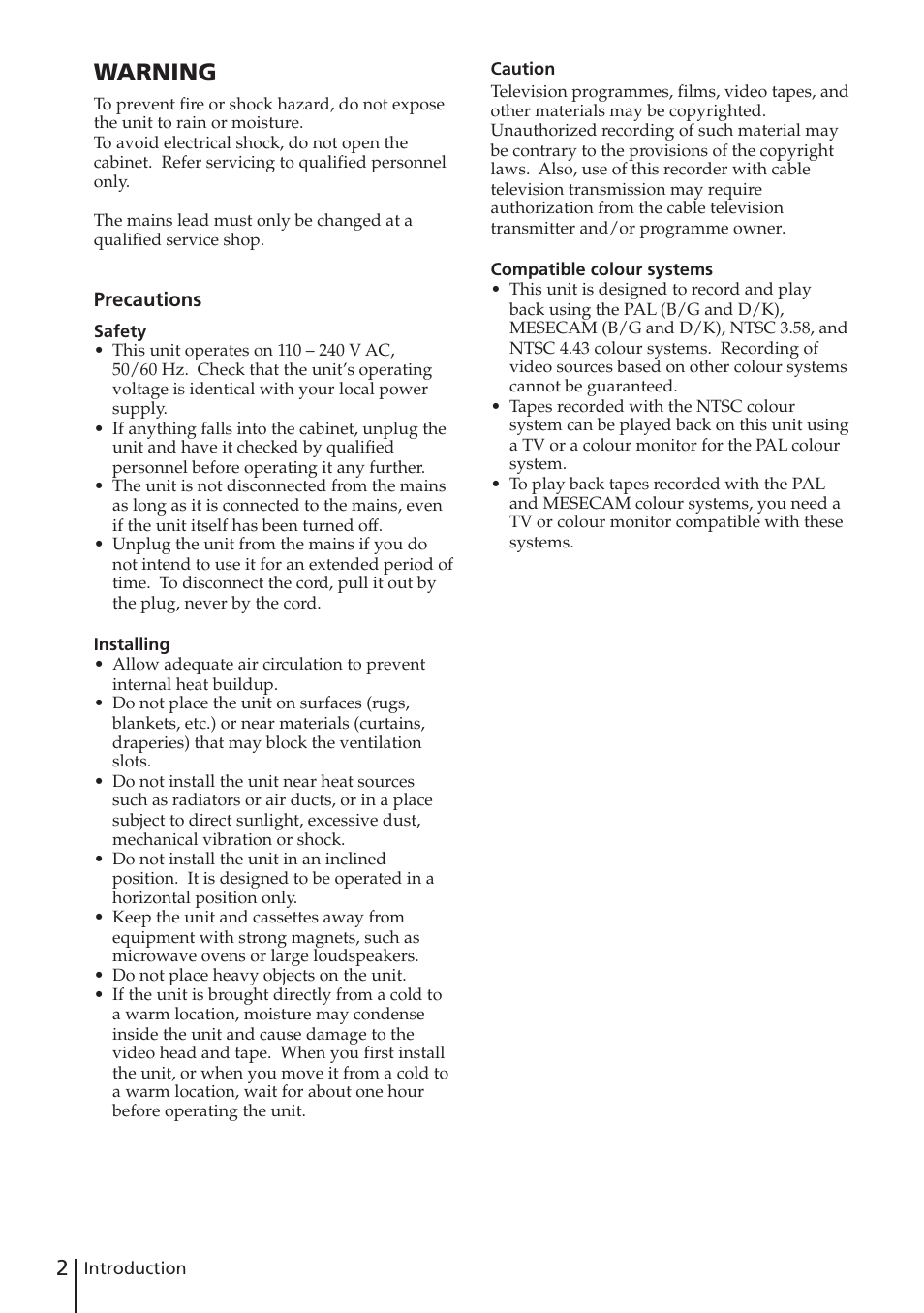 Warning | Sony SLV-XF247PS User Manual | Page 2 / 28