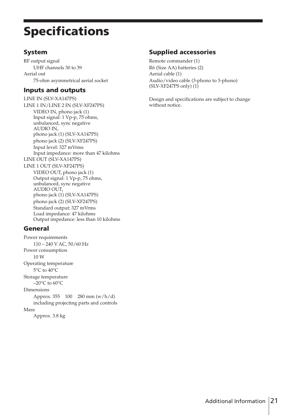 Specifications | Sony SLV-XF247PS User Manual | Page 21 / 28