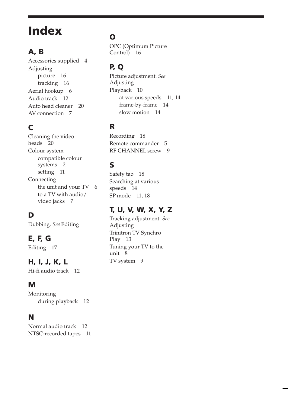 Index, A, b, E, f, g | H, i, j, k, l, P, q, T, u, v, w, x, y, z | Sony SLV-XF247PS User Manual | Page 28 / 28