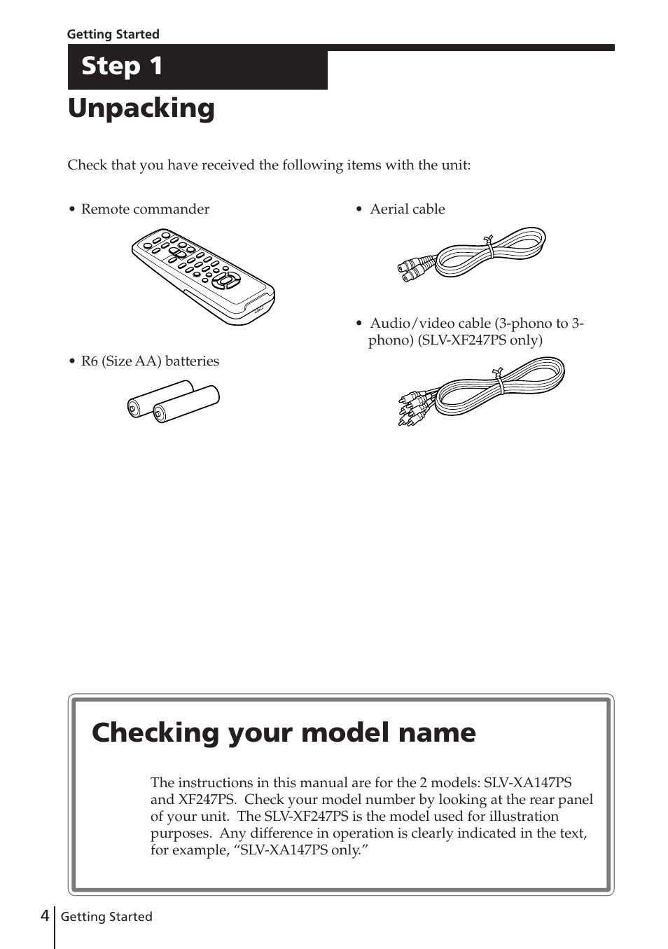 Unpacking, Checking your model name, Step 1 | Sony SLV-XF247PS User Manual | Page 4 / 28