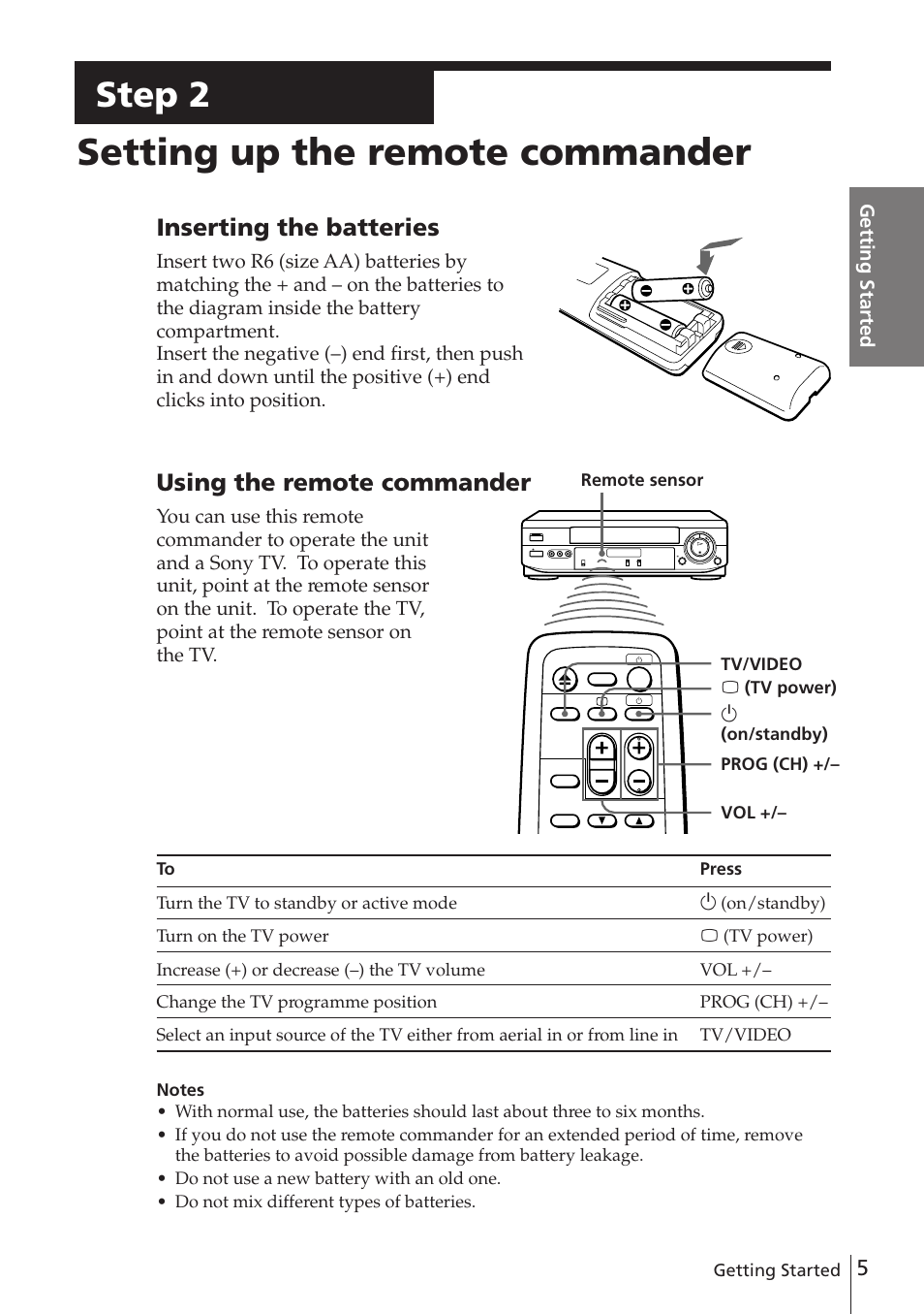 Setting up the remote commander, Step 2, Inserting the batteries | Using the remote commander | Sony SLV-XF247PS User Manual | Page 5 / 28