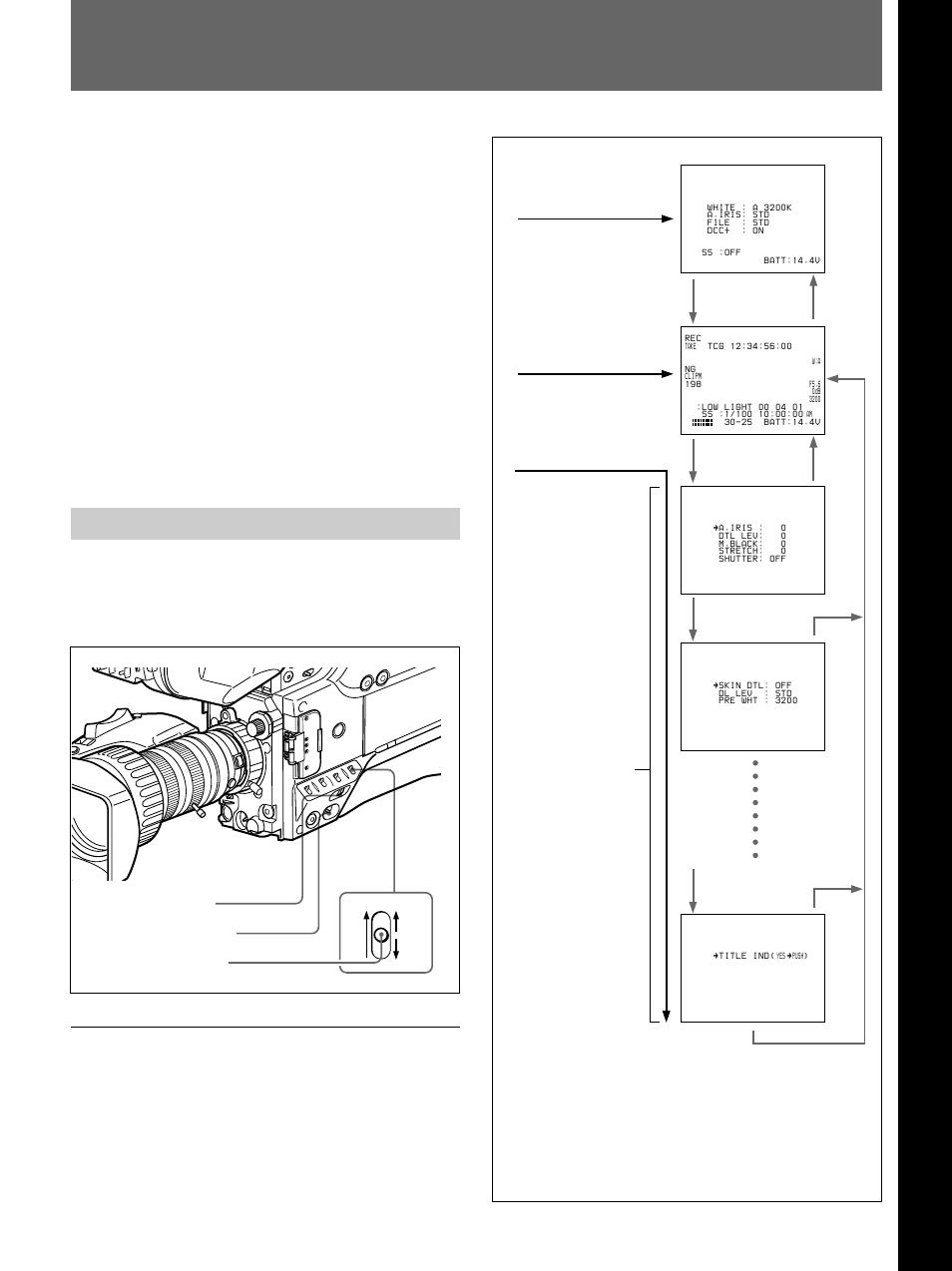 Chapter 4 viewfinder screen indications and menus, Viewfinder screen indications, Changing the viewfinder display | Sony 500WSPL User Manual | Page 75 / 144