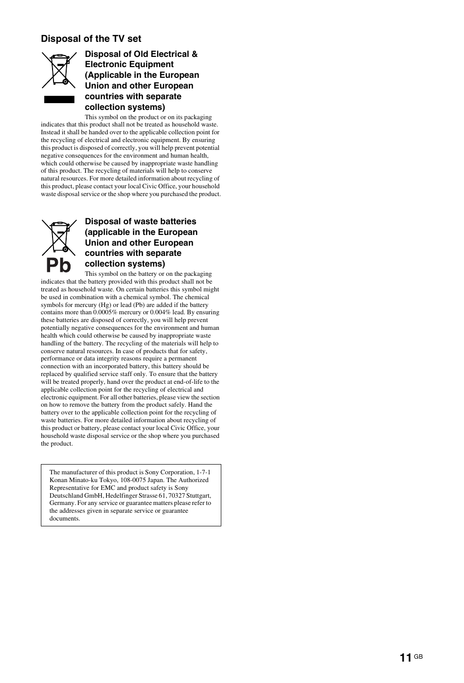 Disposal of the tv set | Sony 4-108-535-13(1) User Manual | Page 11 / 60