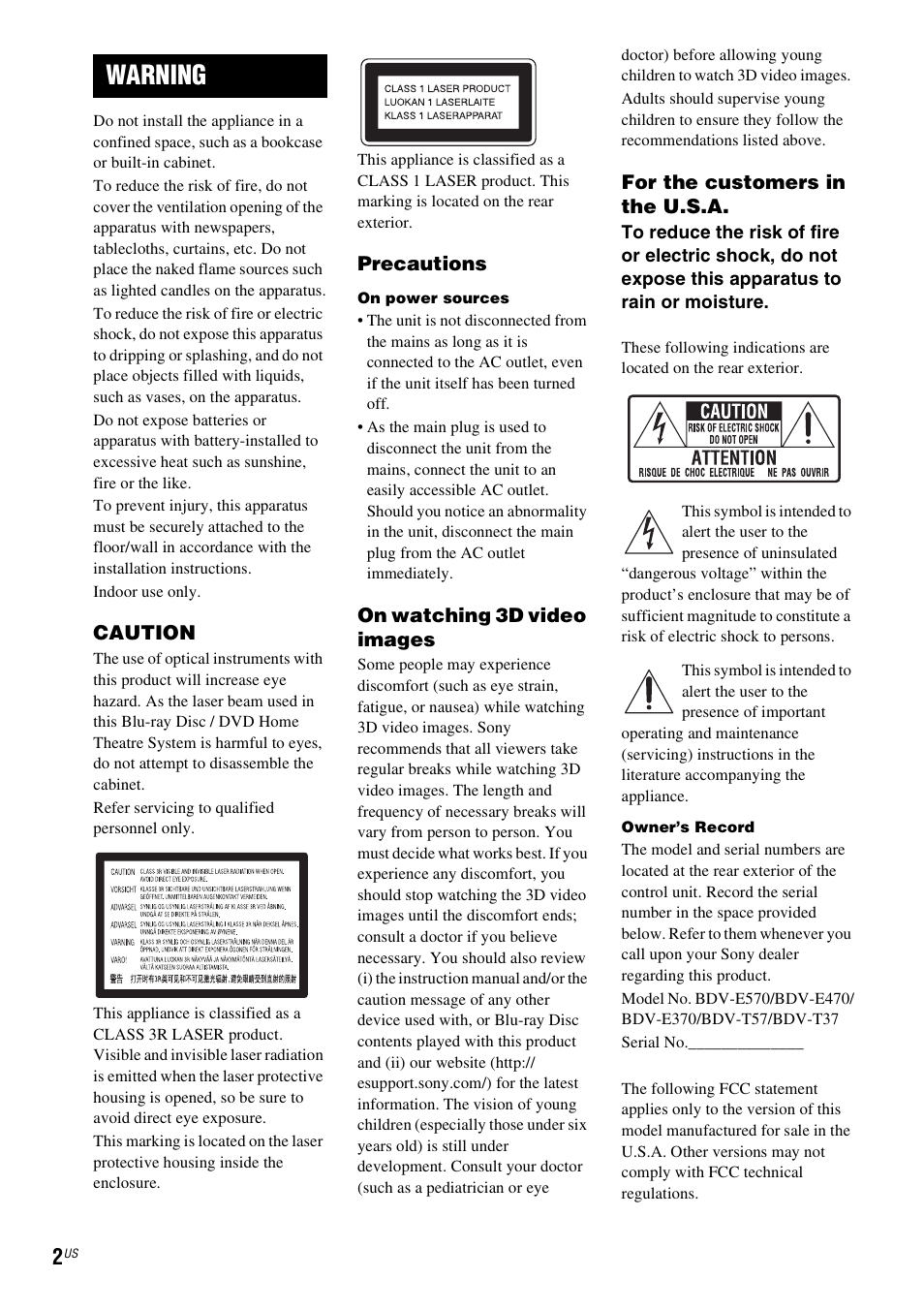 Warning | Sony BDV-T57 User Manual | Page 2 / 84