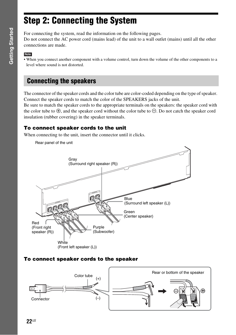 Step 2: connecting the system, Connecting the speakers, E 22) | Gettin g star ted | Sony BDV-T57 User Manual | Page 22 / 84