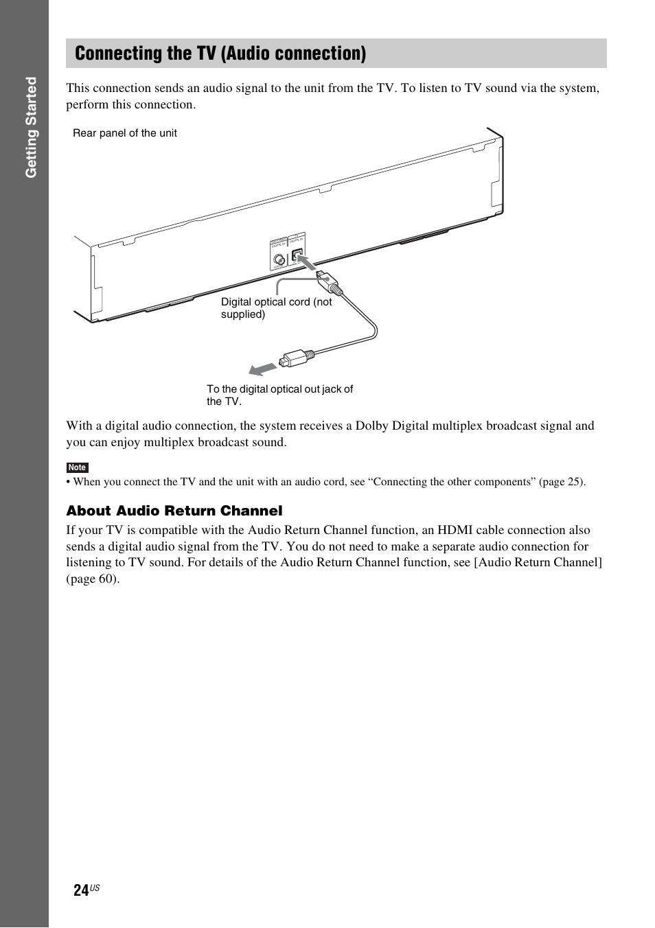 Connecting the tv (audio connection), Gettin g star ted, About audio return channel | Sony BDV-T57 User Manual | Page 24 / 84