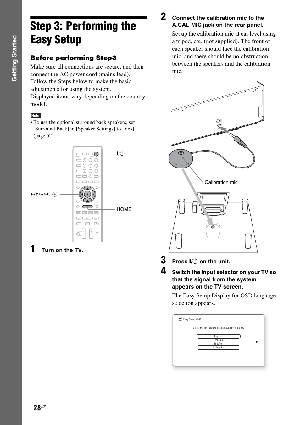 Step 3: performing the easy setup, Step 3: performing the easy, Setup | Es 28, Gettin g star ted, Before performing step3 | Sony BDV-T57 User Manual | Page 28 / 84