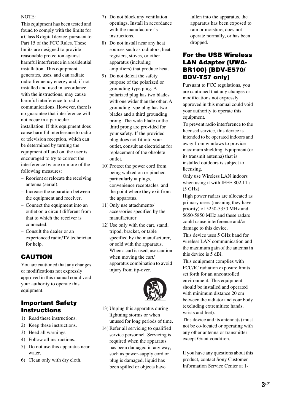 Caution, Important safety instructions | Sony BDV-T57 User Manual | Page 3 / 84