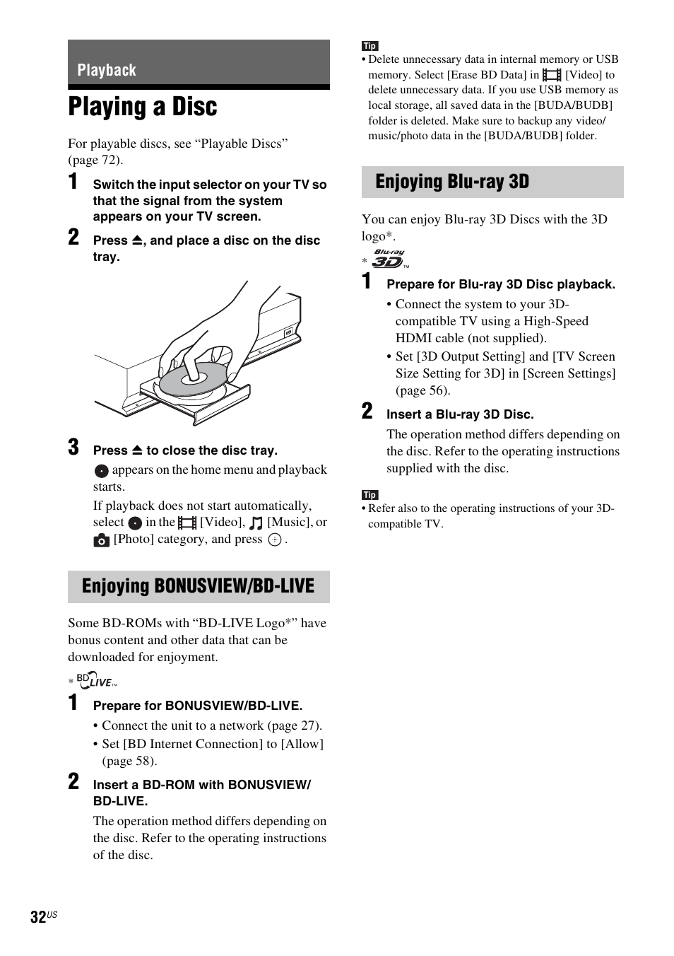 Playback, Playing a disc, Enjoying bonusview/bd-live | Enjoying blu-ray 3d, Es 32, Enjoying bonusview/bd-live enjoying blu-ray 3d | Sony BDV-T57 User Manual | Page 32 / 84