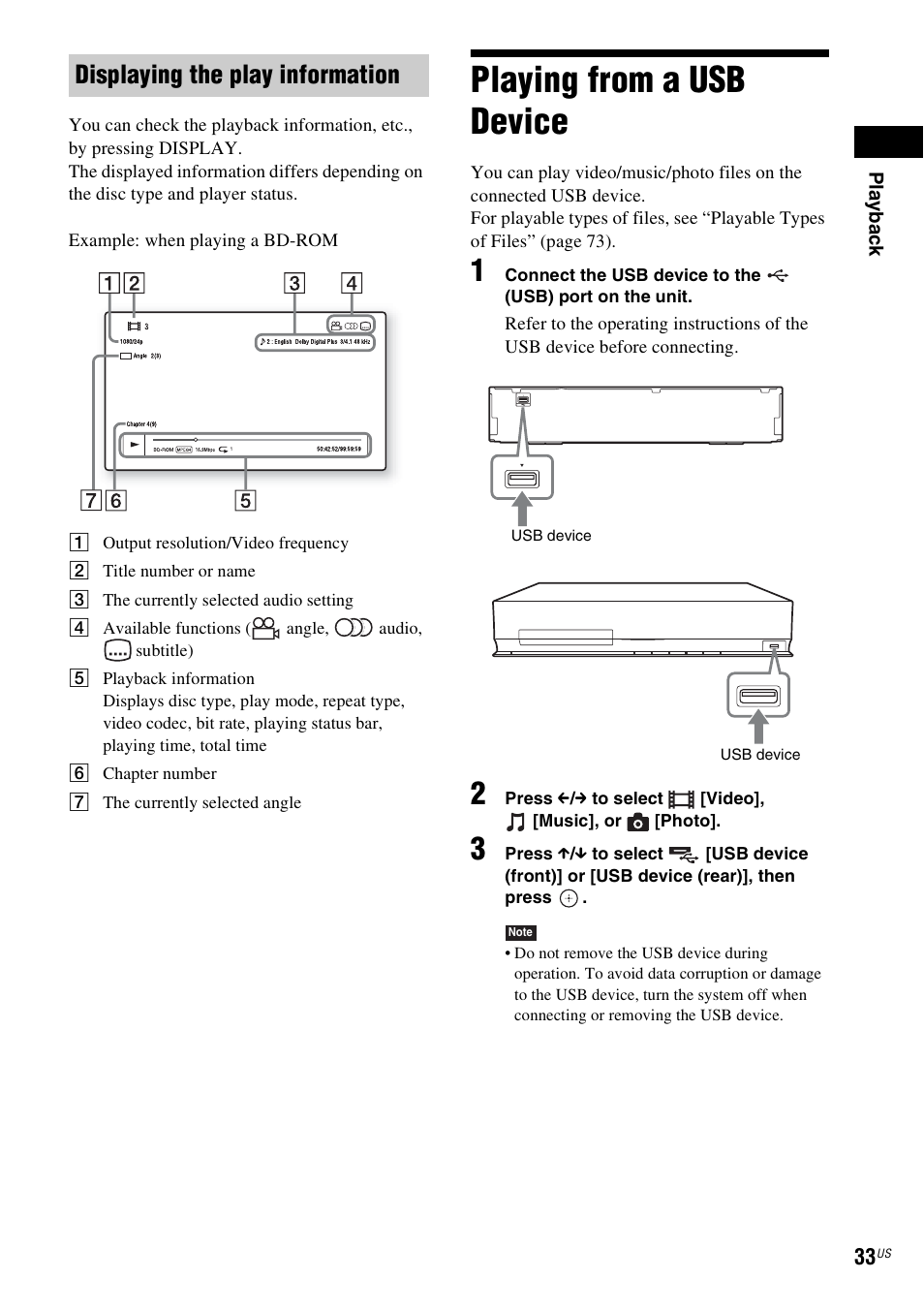 Displaying the play information, Playing from a usb device, E 33) | Sony BDV-T57 User Manual | Page 33 / 84