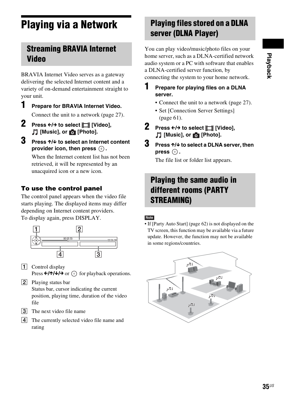 Playing via a network, Streaming bravia internet video | Sony BDV-T57 User Manual | Page 35 / 84