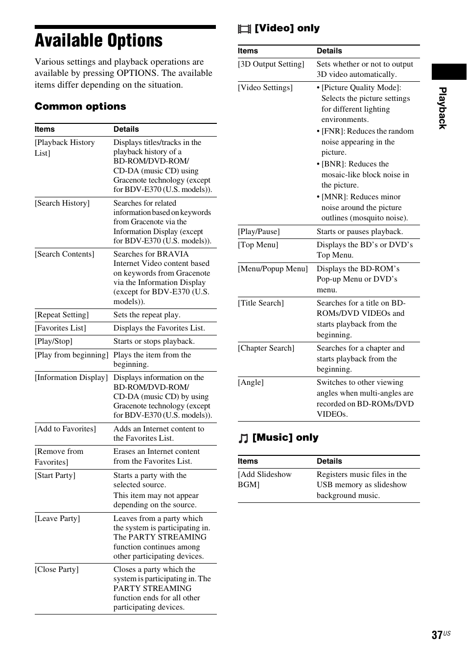 Available options, E 37) | Sony BDV-T57 User Manual | Page 37 / 84
