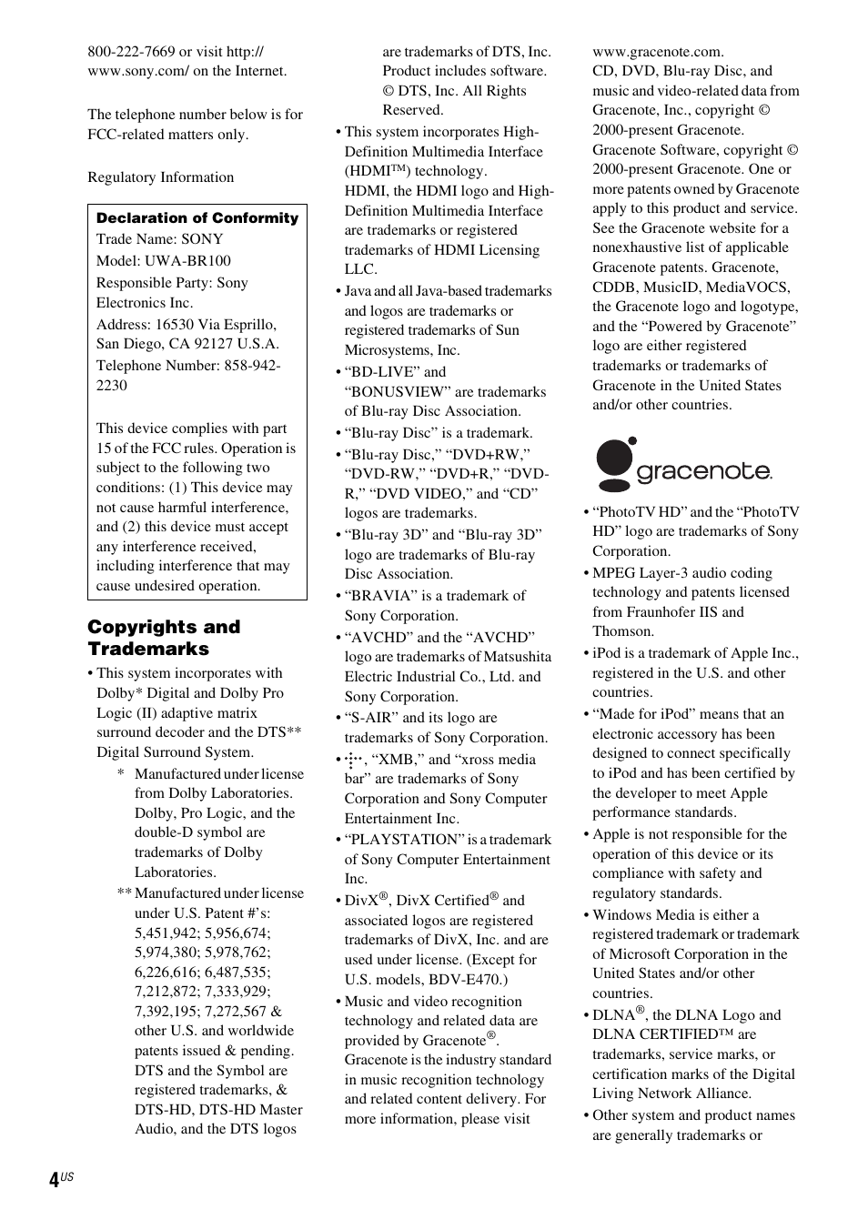Copyrights and trademarks | Sony BDV-T57 User Manual | Page 4 / 84