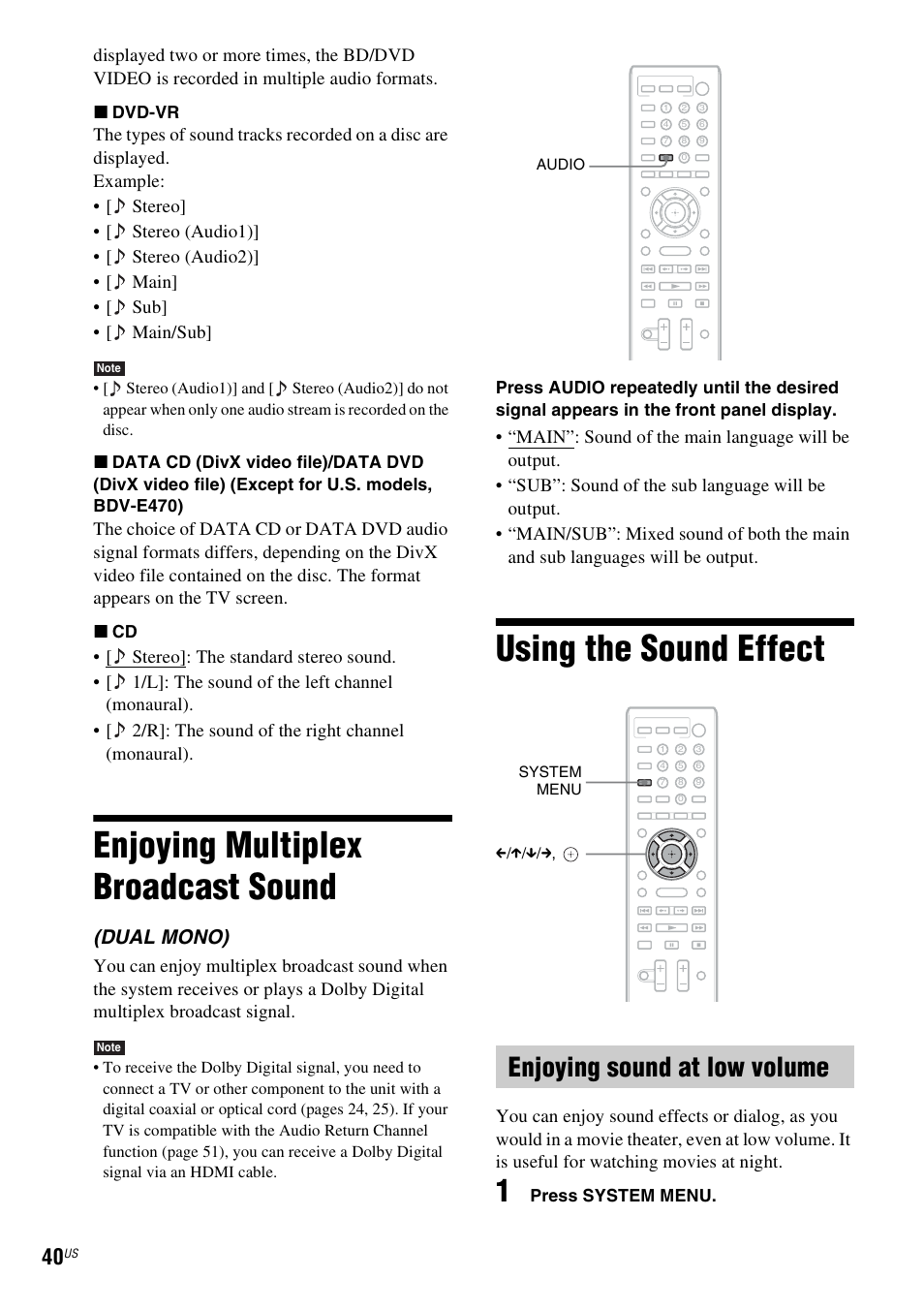 Enjoying multiplex broadcast sound, Using the sound effect, Enjoying sound at low volume | Enjoying multiplex broadcast, Sound, Dual mono) | Sony BDV-T57 User Manual | Page 40 / 84