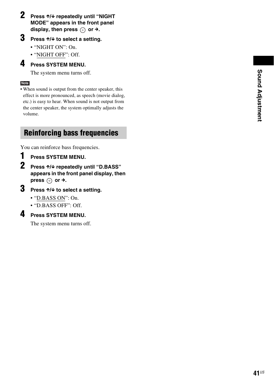 Reinforcing bass frequencies | Sony BDV-T57 User Manual | Page 41 / 84