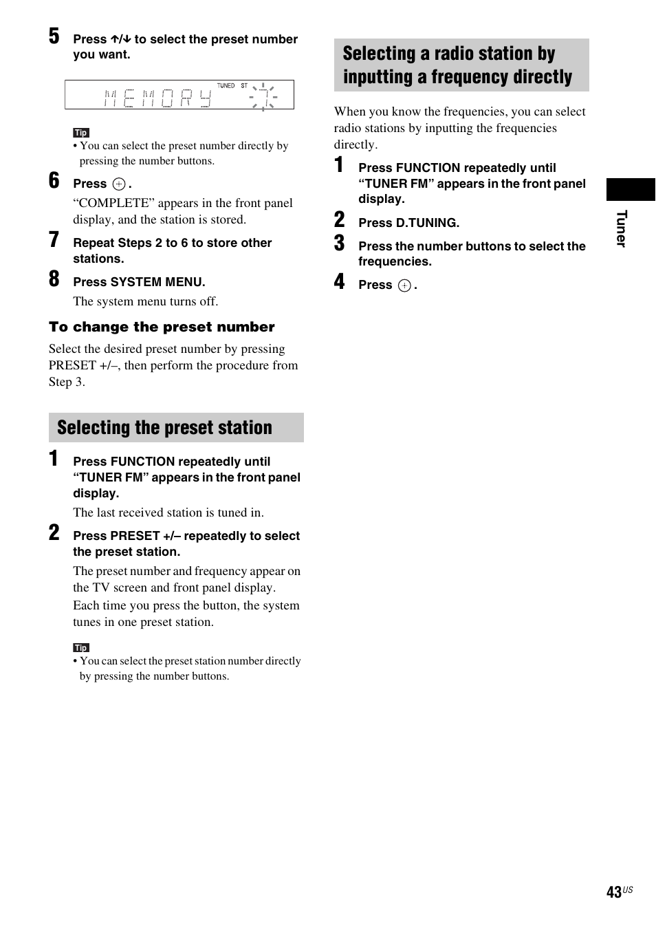 Selecting the preset station, Es 43 | Sony BDV-T57 User Manual | Page 43 / 84