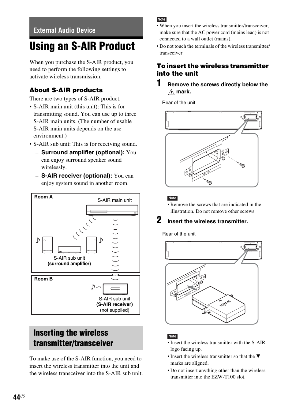 External audio device, Using an s-air product, Inserting the wireless transmitter/transceiver | E 44), About s-air products | Sony BDV-T57 User Manual | Page 44 / 84