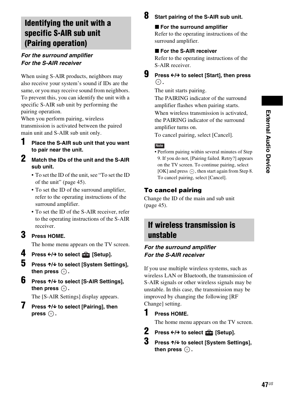 If wireless transmission is unstable | Sony BDV-T57 User Manual | Page 47 / 84