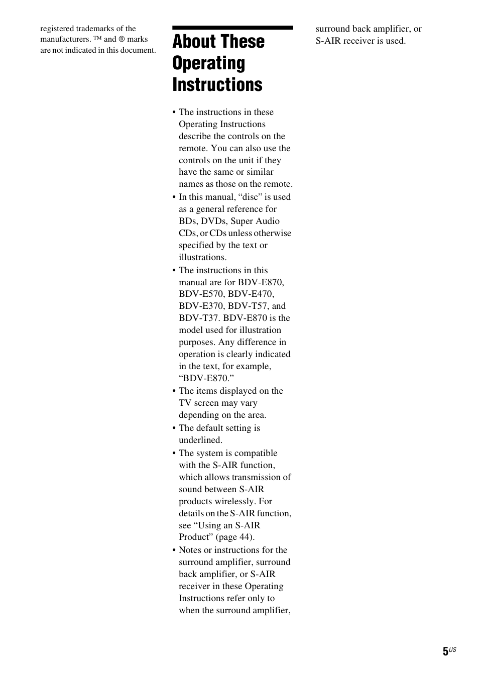 About these operating instructions | Sony BDV-T57 User Manual | Page 5 / 84