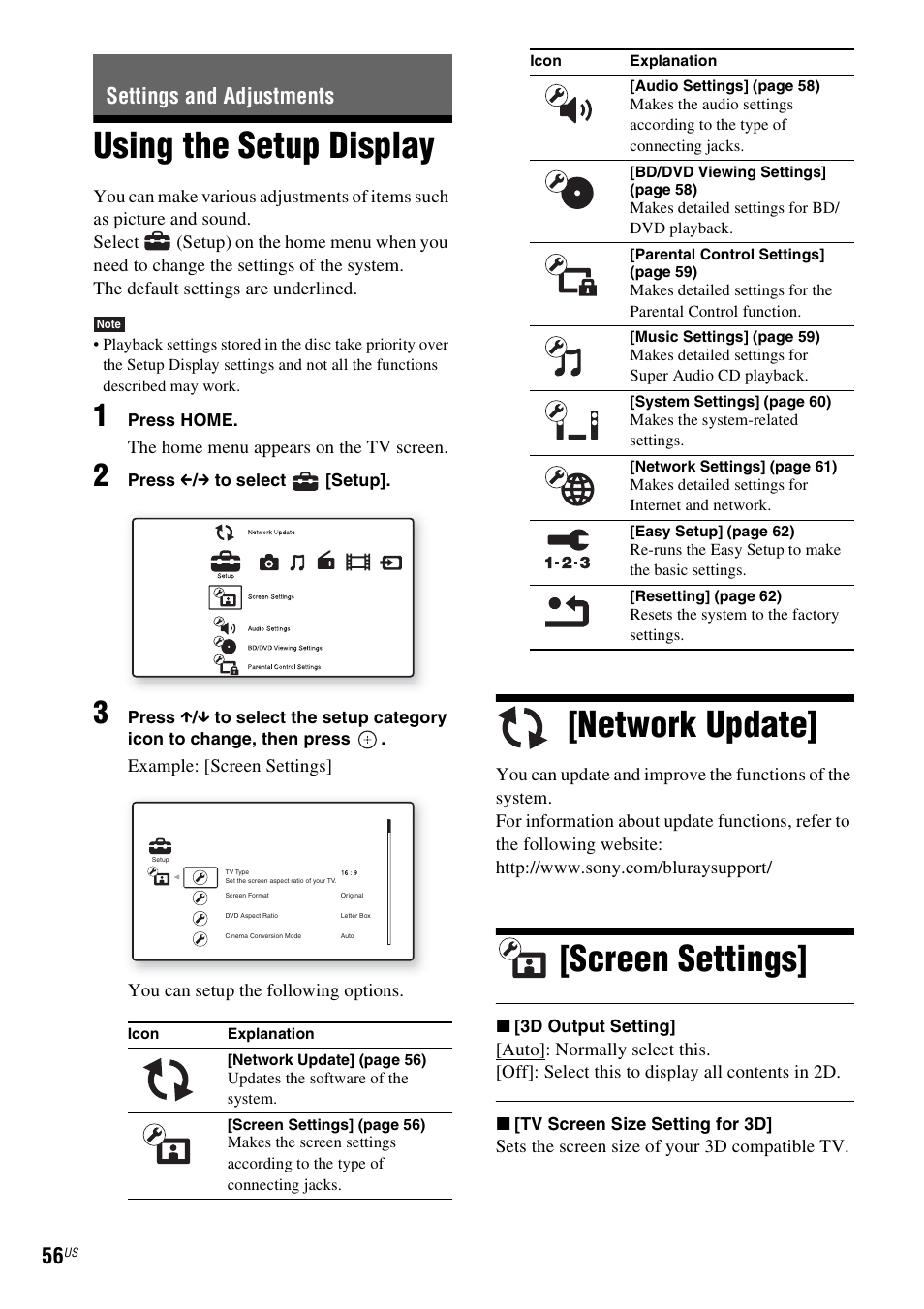Settings and adjustments, Using the setup display, Network update | Screen settings | Sony BDV-T57 User Manual | Page 56 / 84