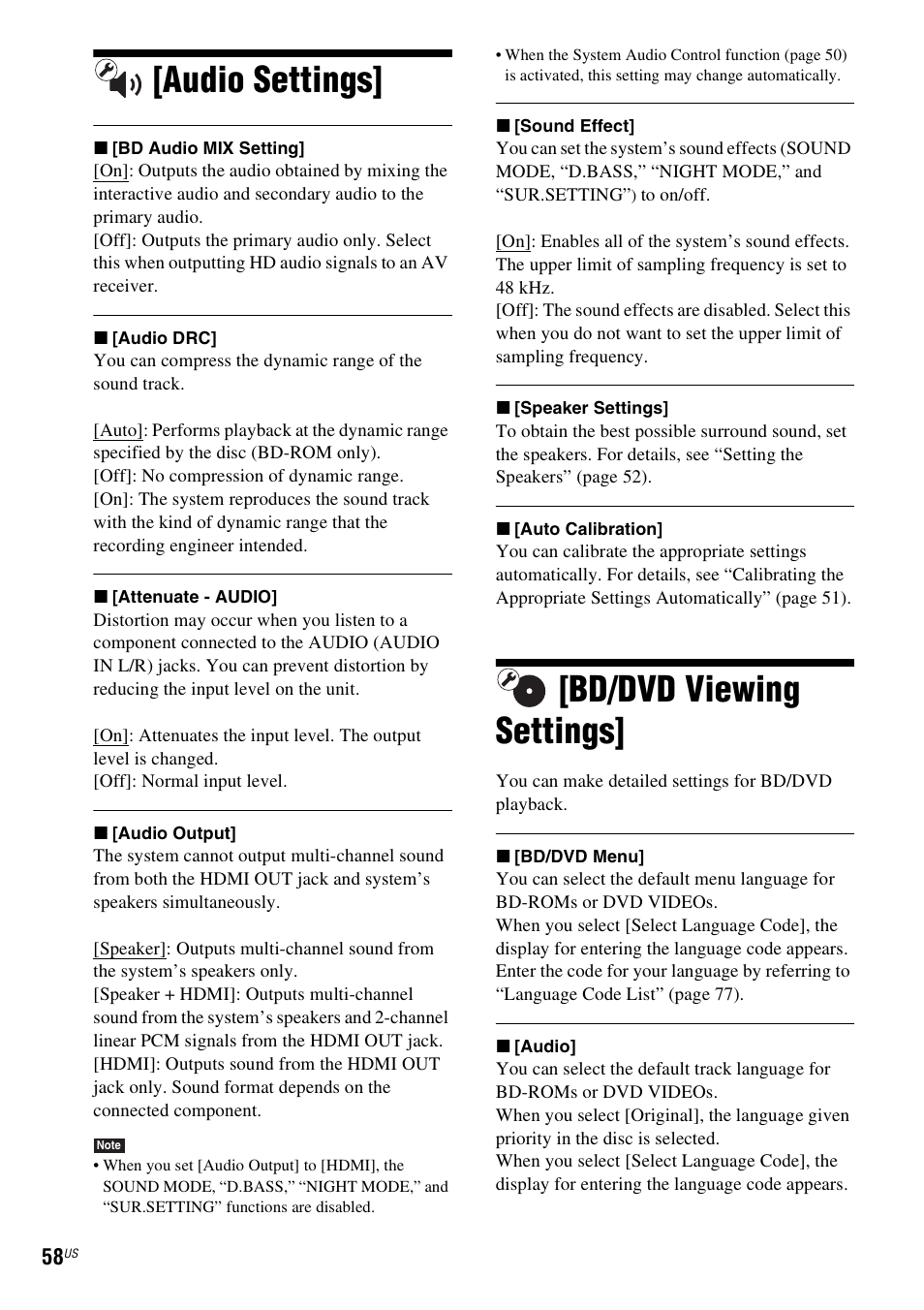 Audio settings, Bd/dvd viewing settings, Audio settings] [bd/dvd viewing settings | Sony BDV-T57 User Manual | Page 58 / 84