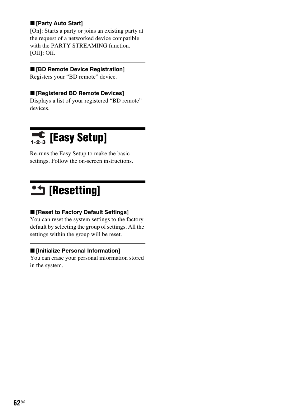 Easy setup, Resetting, Easy setup] [resetting | Sony BDV-T57 User Manual | Page 62 / 84