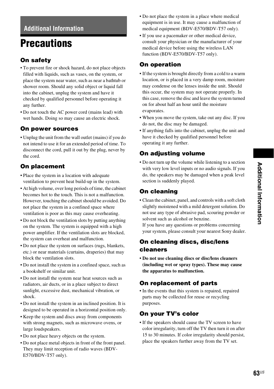 Additional information, Precautions | Sony BDV-T57 User Manual | Page 63 / 84