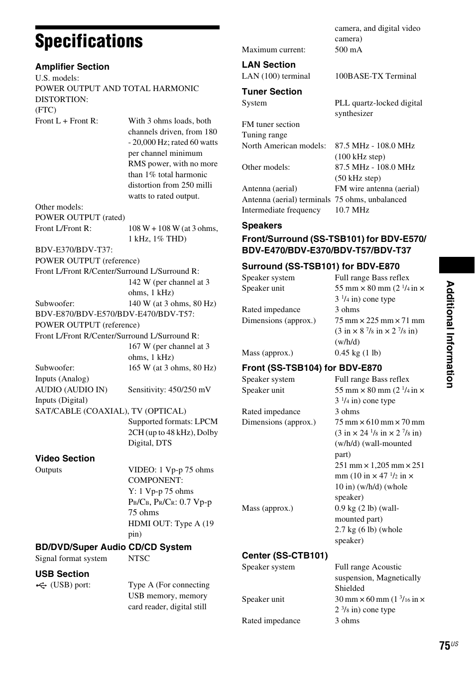 Specifications, Ad ditio n al inf o rm at ion | Sony BDV-T57 User Manual | Page 75 / 84